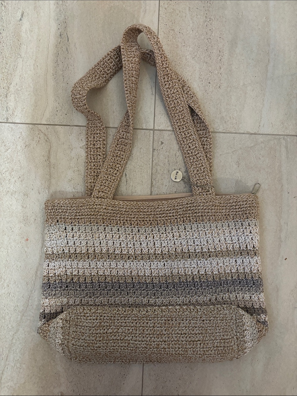 SAK Crochet Striped Tote Bag in Beige and Cream
